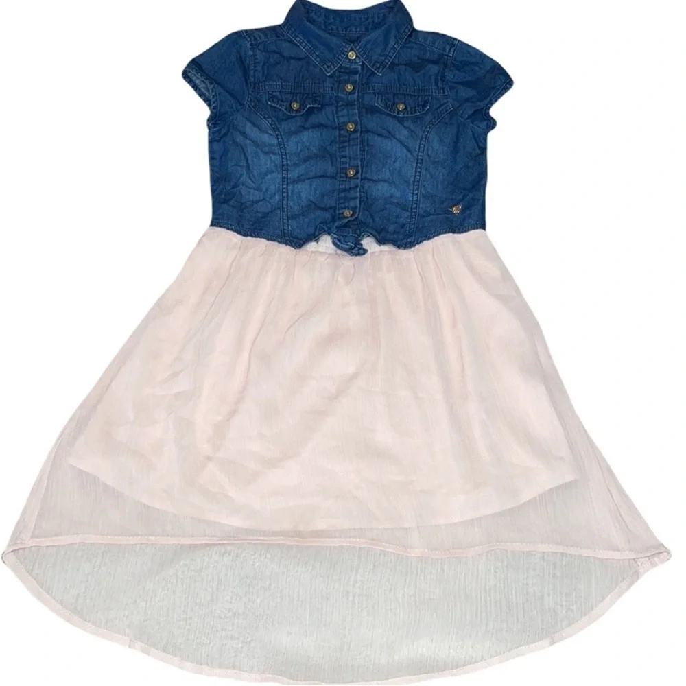 GUESS Kids Mixed-Media Denim & Pink Chiffon High-Low Dress — Girls Size L (14)